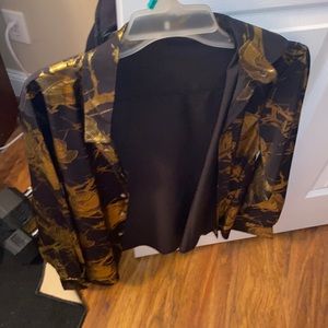 Black casual button down with gold floral print.